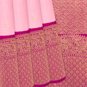 Baby Pink Handloom Kanchipuram Korvai Silk Saree With Kamalam Motifs-Baby Pink