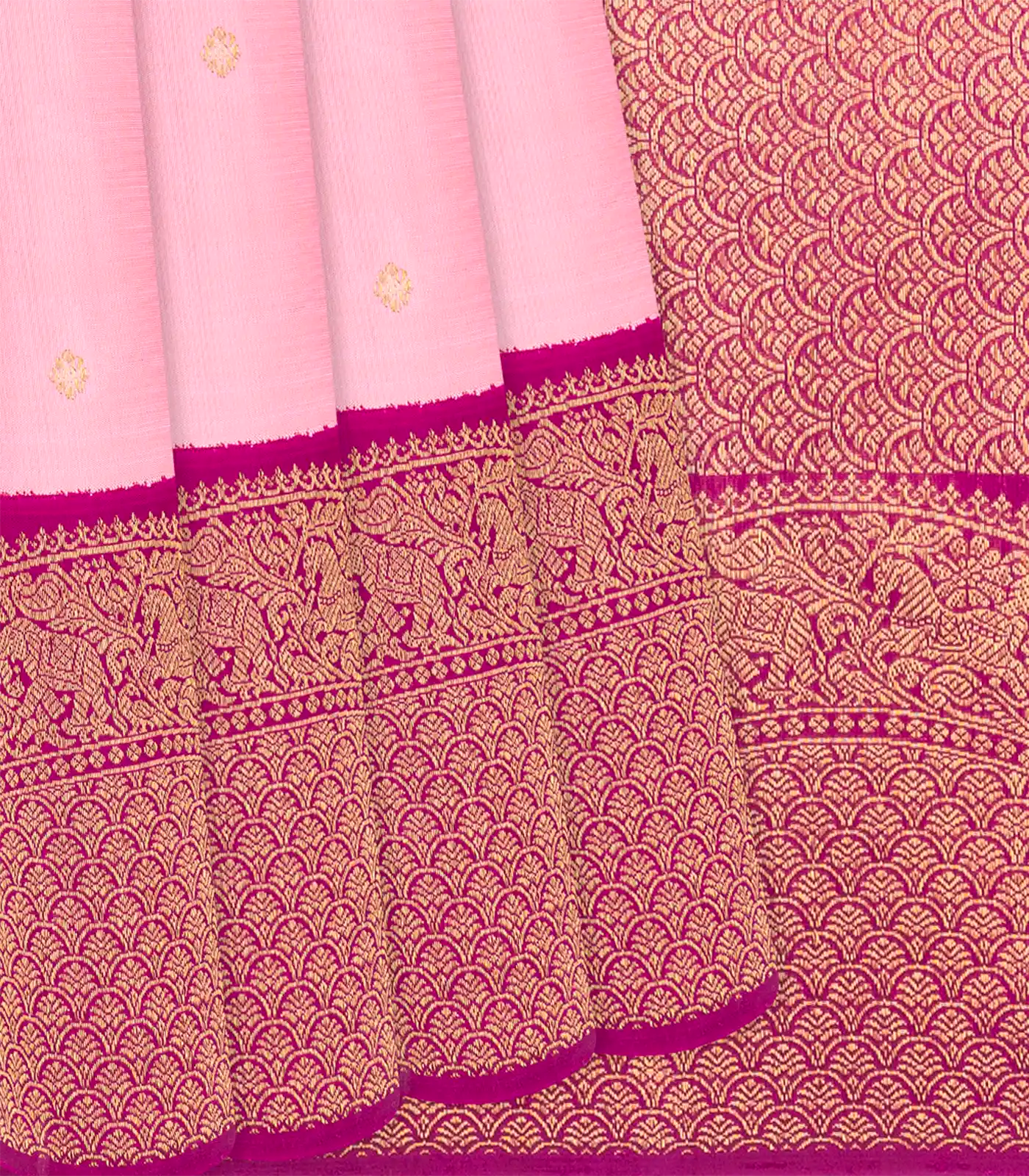 Baby Pink Handloom Kanchipuram Korvai Silk Saree With Kamalam Motifs-Baby Pink