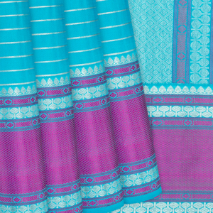 Turquoise Handloom Kanchipuram Silk Saree With Zari Stripes-Turquoise