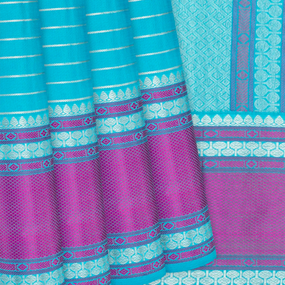 Turquoise Handloom Kanchipuram Silk Saree With Zari Stripes-Turquoise
