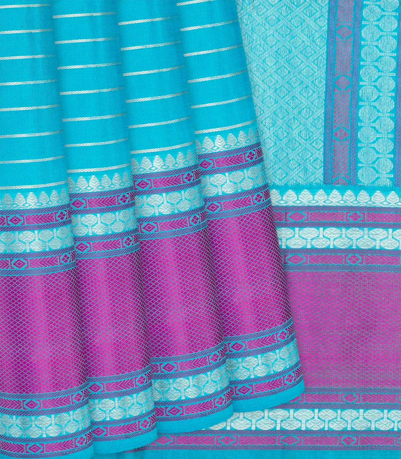 Turquoise Handloom Kanchipuram Silk Saree With Zari Stripes-Turquoise