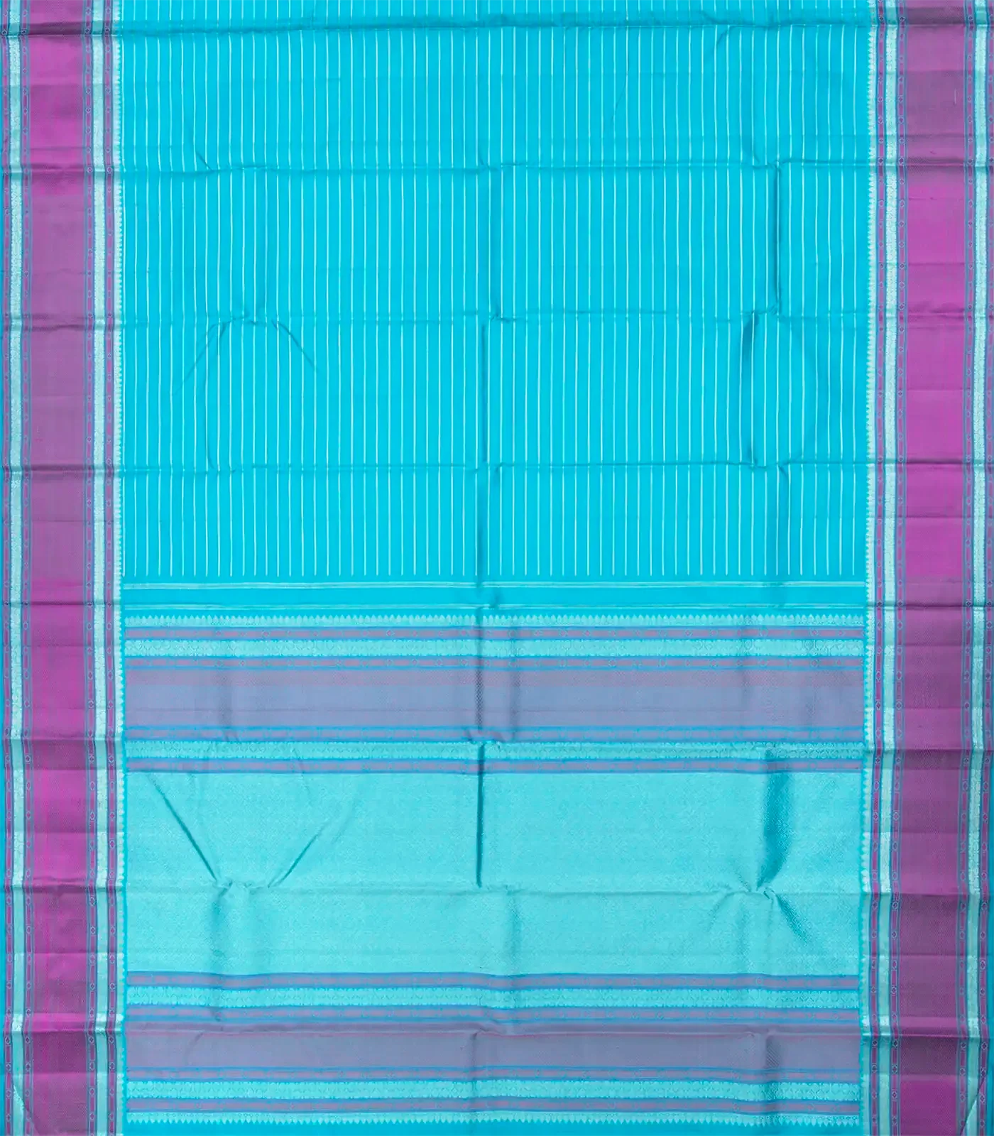 Turquoise Handloom Kanchipuram Silk Saree With Zari Stripes-Turquoise