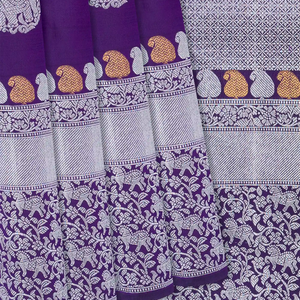 Purple Handloom Kanchipuram Silk Saree With Elephant Buttas-Purple