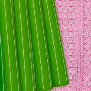 Leafy Green Handloom Kanchipuram Silk Saree With Dotted Stripes-Leaf Green