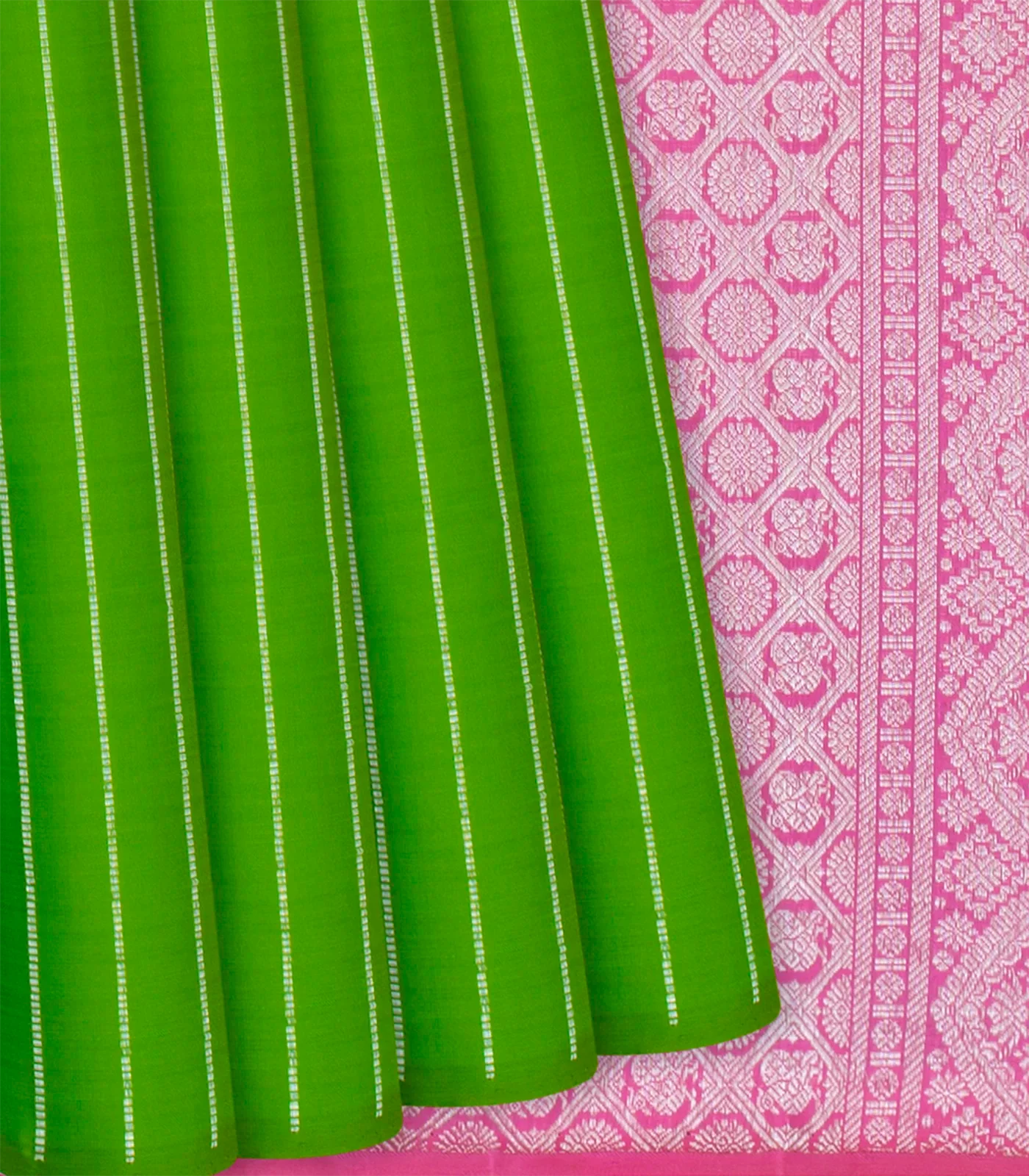 Leafy Green Handloom Kanchipuram Silk Saree With Dotted Stripes-Leaf Green