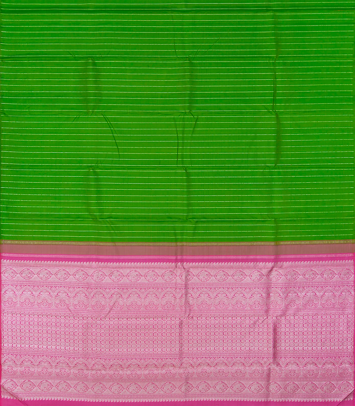Leafy Green Handloom Kanchipuram Silk Saree With Dotted Stripes-Leaf Green