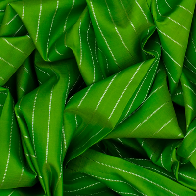 Leafy Green Handloom Kanchipuram Silk Saree With Dotted Stripes-Leaf Green