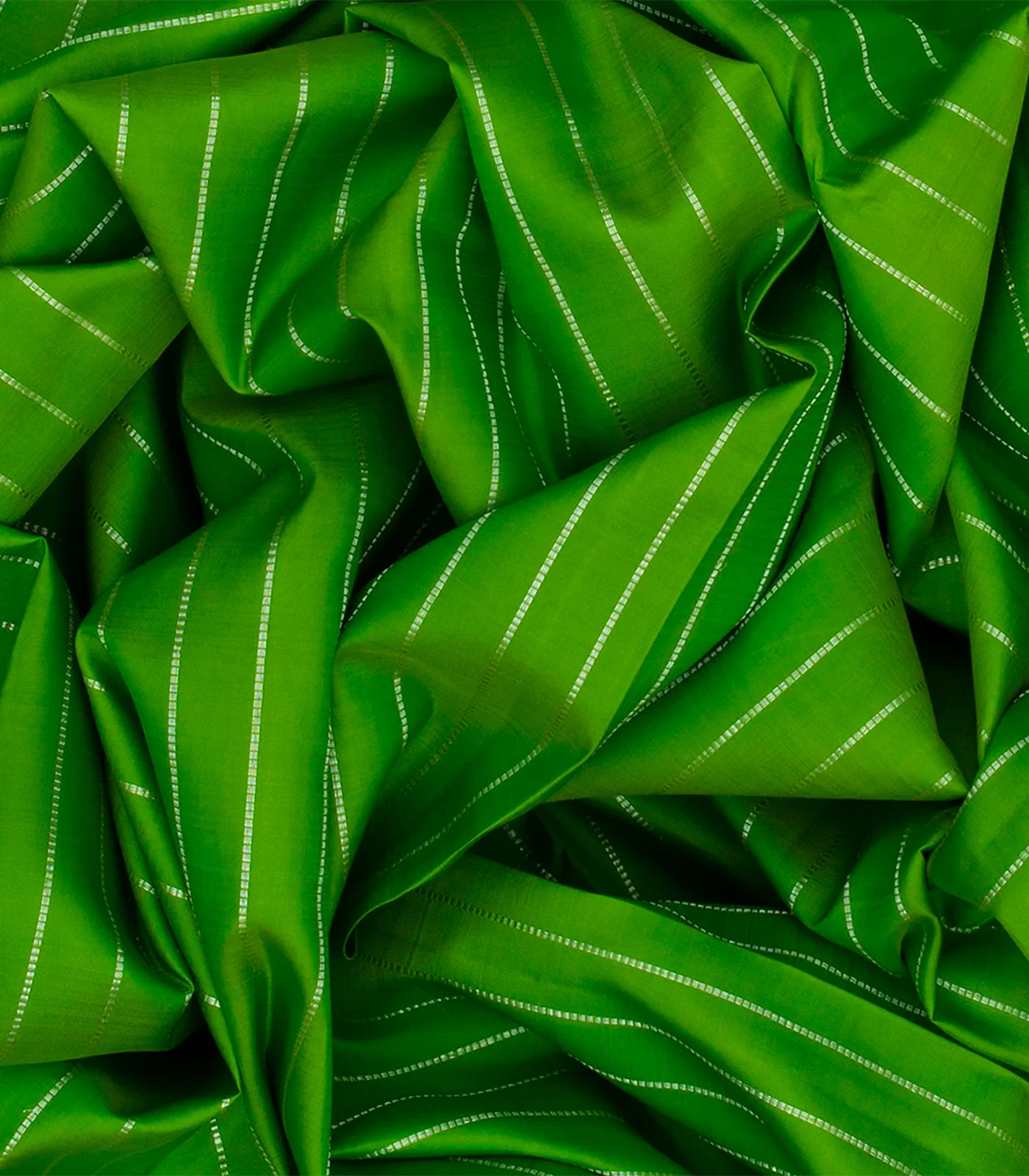 Leafy Green Handloom Kanchipuram Silk Saree With Dotted Stripes-Leaf Green