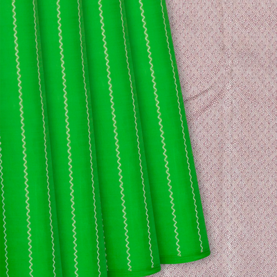 Green Handloom Kanchipuram Silk Saree With Veldari Stripes-Green