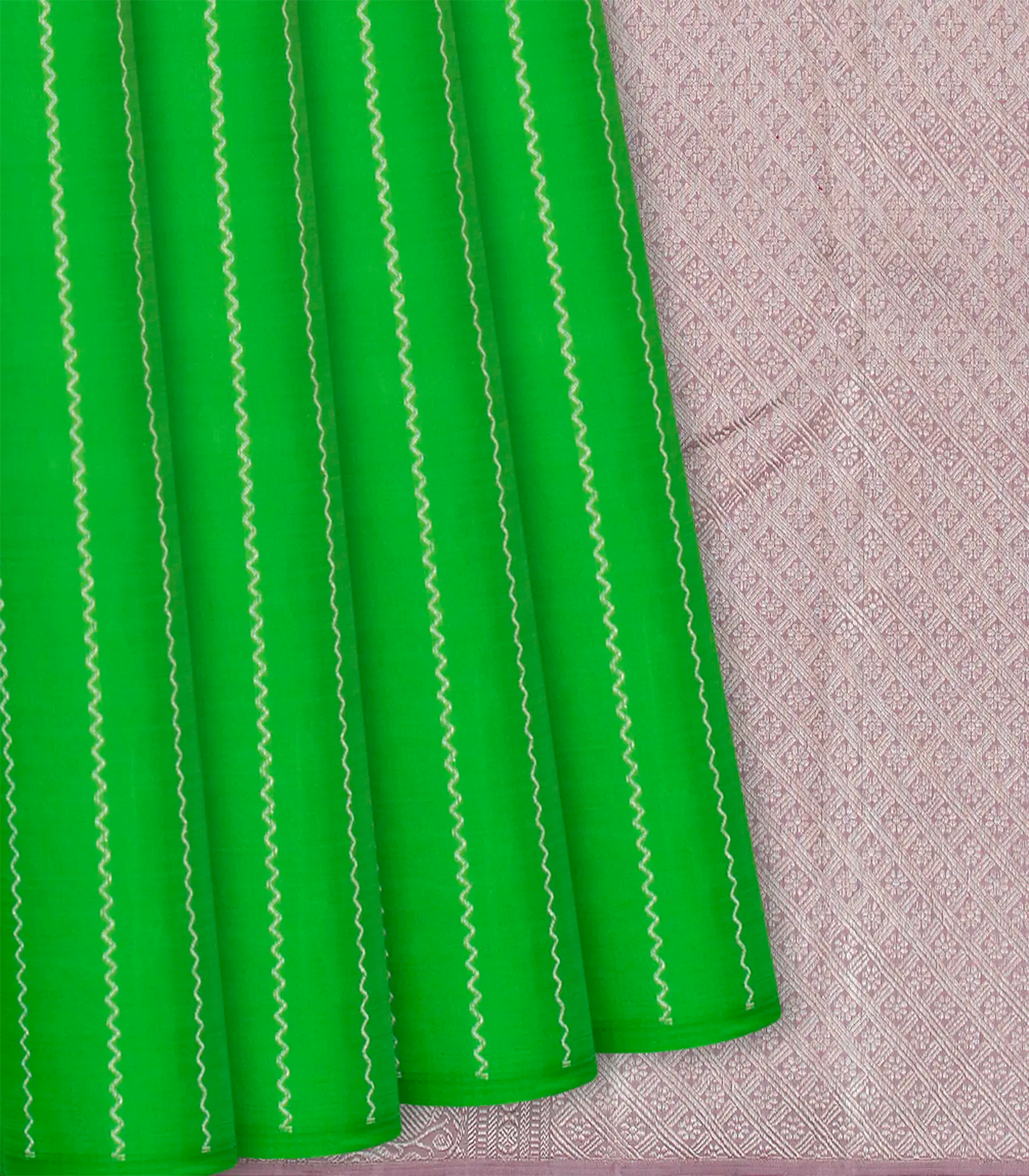 Green Handloom Kanchipuram Silk Saree With Veldari Stripes-Green