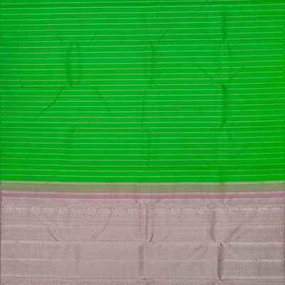 Green Handloom Kanchipuram Silk Saree With Veldari Stripes-Green