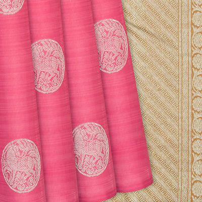 Dark Peach Handloom Kanchipuram Silk Saree With Horse Buttas-Dark Peach