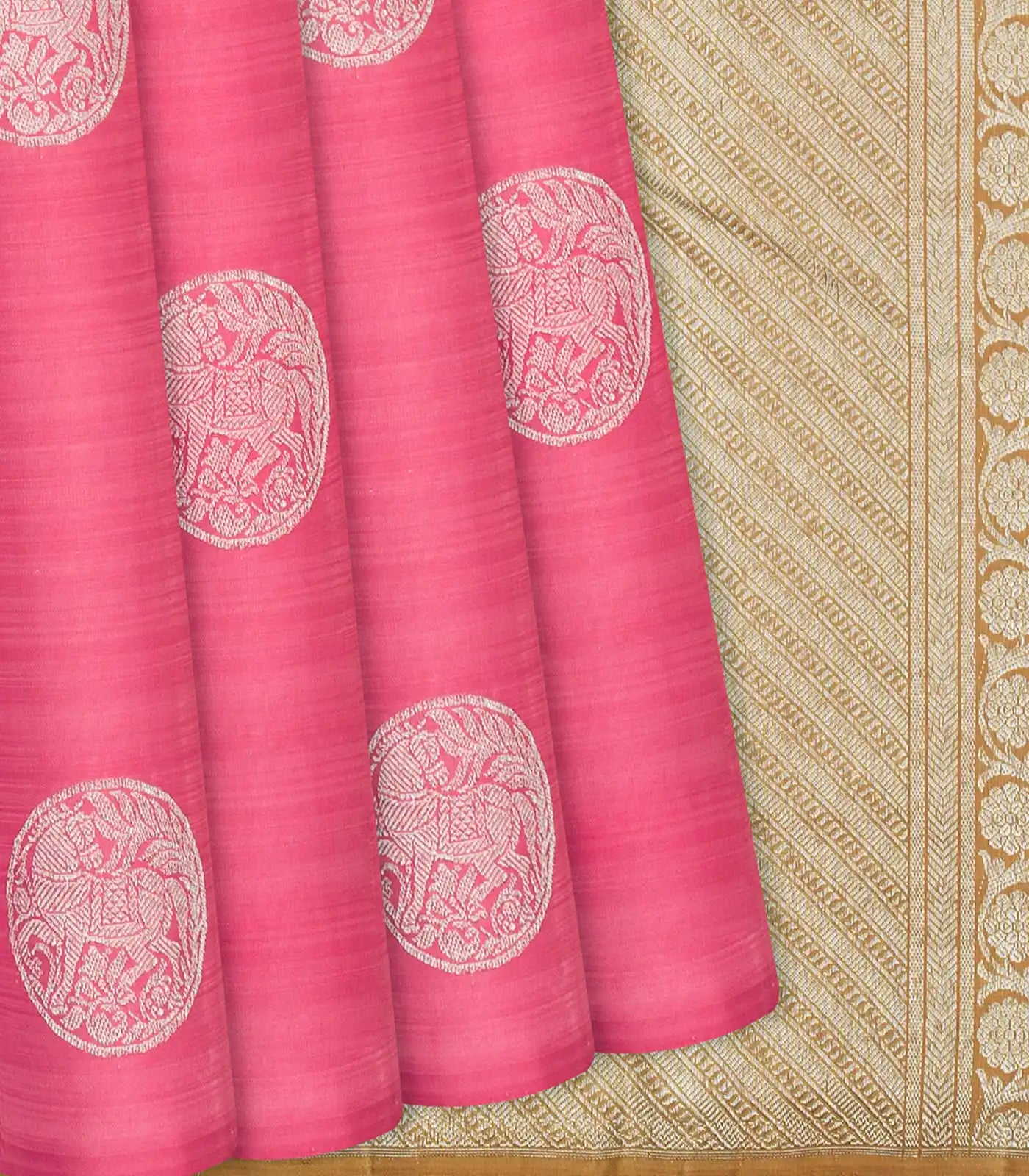 Dark Peach Handloom Kanchipuram Silk Saree With Horse Buttas-Dark Peach