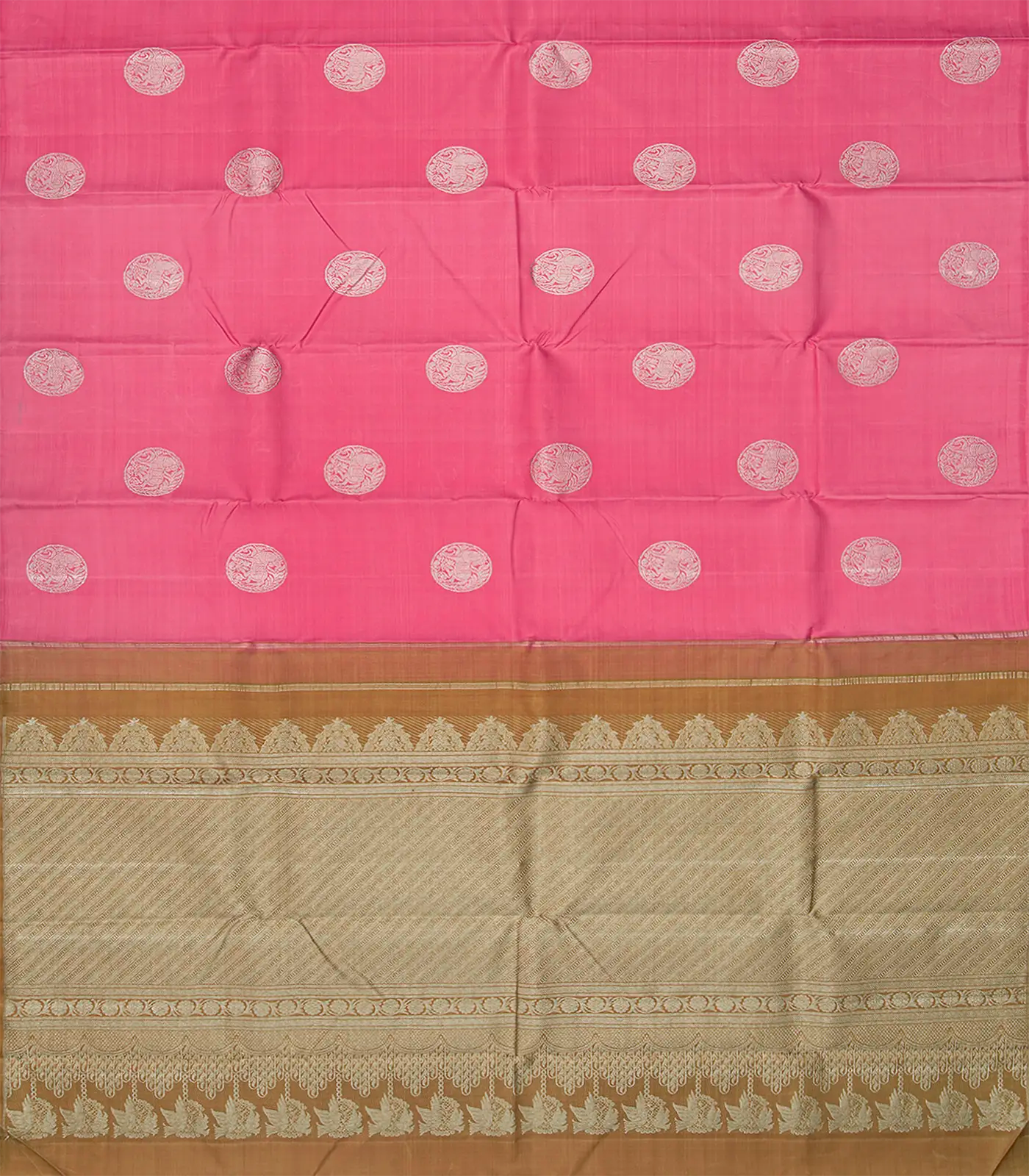 Dark Peach Handloom Kanchipuram Silk Saree With Horse Buttas-Dark Peach