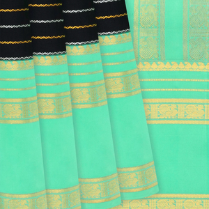 Black Handloom Kanchipuram Korvai Silk Saree With Beldari Stripes-Black