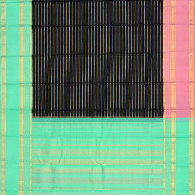 Black Handloom Kanchipuram Korvai Silk Saree With Beldari Stripes-Black