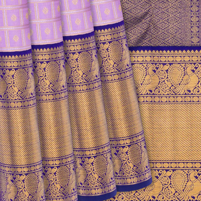 Lavender Handloom Kanchipuram Korvai Silk Saree With Zari Checks-Lavander