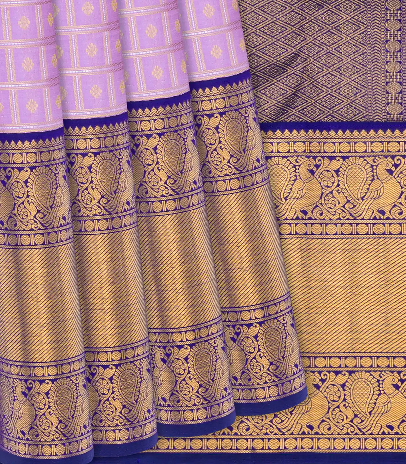Lavender Handloom Kanchipuram Korvai Silk Saree With Zari Checks-Lavander