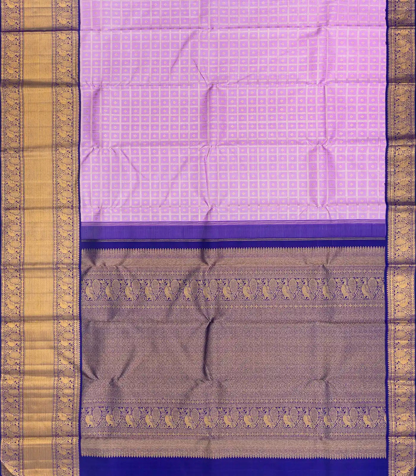 Lavender Handloom Kanchipuram Korvai Silk Saree With Zari Checks-Lavander