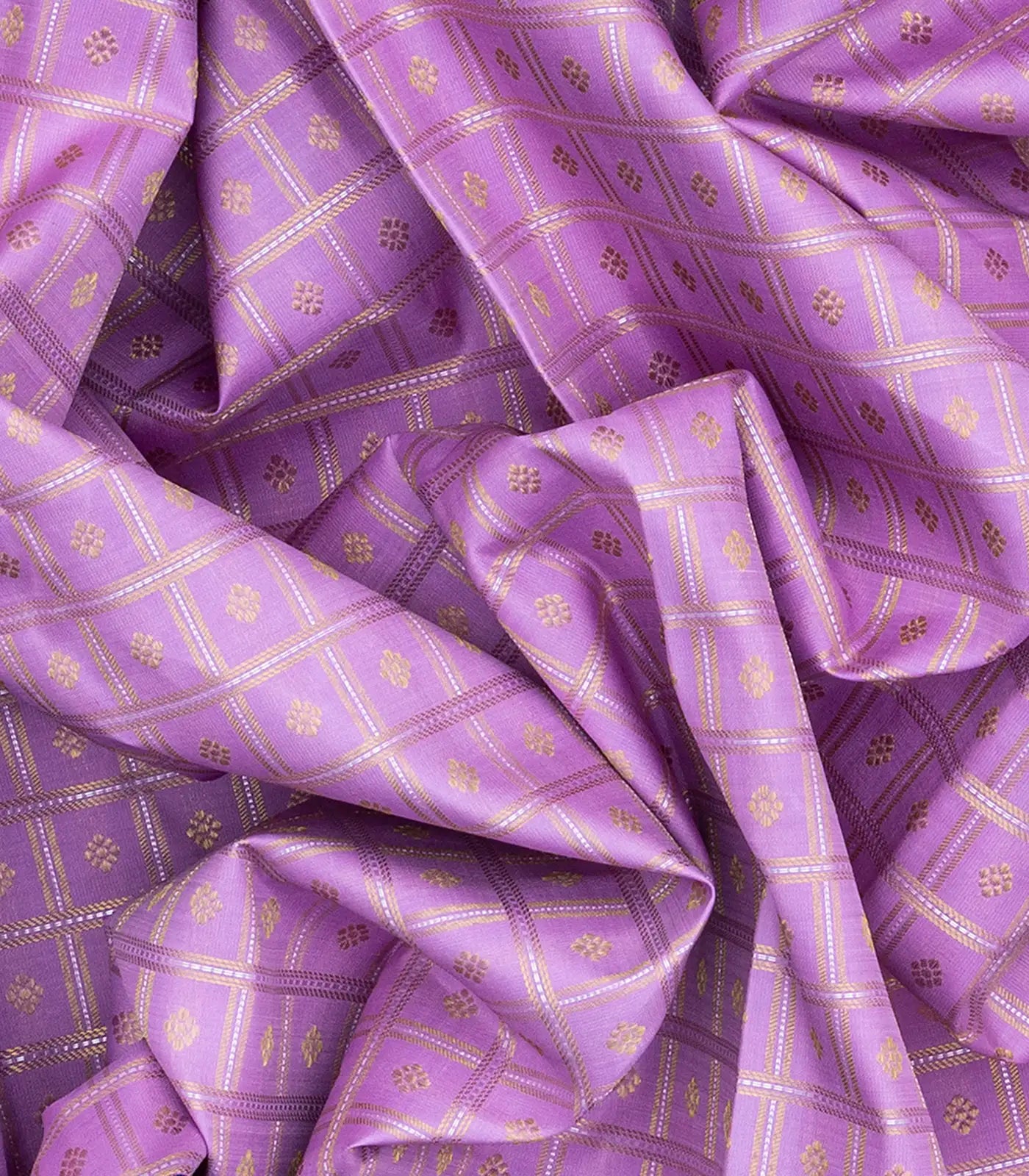 Lavender Handloom Kanchipuram Korvai Silk Saree With Zari Checks-Lavander