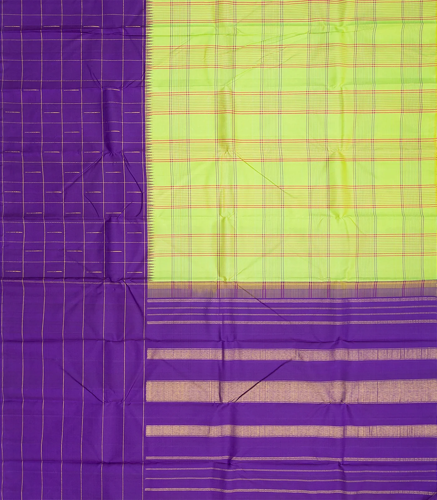 Pista Green Handloom Kanchipuram Korvai Silk Saree With Checks-Pista Green