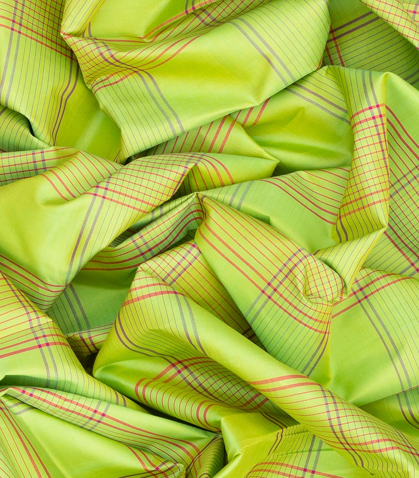 Pista Green Handloom Kanchipuram Korvai Silk Saree With Checks-Pista Green