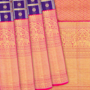 Blue Handloom Kanchipuram Korvai Silk Saree With Zari Checks-Blue