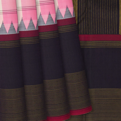 Baby Pink Handloom Kanchipuram Korvai Silk Saree With Checks-Baby Pink