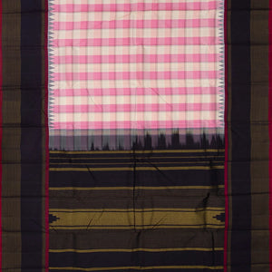 Baby Pink Handloom Kanchipuram Korvai Silk Saree With Checks-Baby Pink