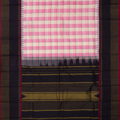 Baby Pink Handloom Kanchipuram Korvai Silk Saree With Checks-Baby Pink