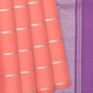 Peach Handloom Kanchipuram Silk Saree With Zari Stripes-Peach