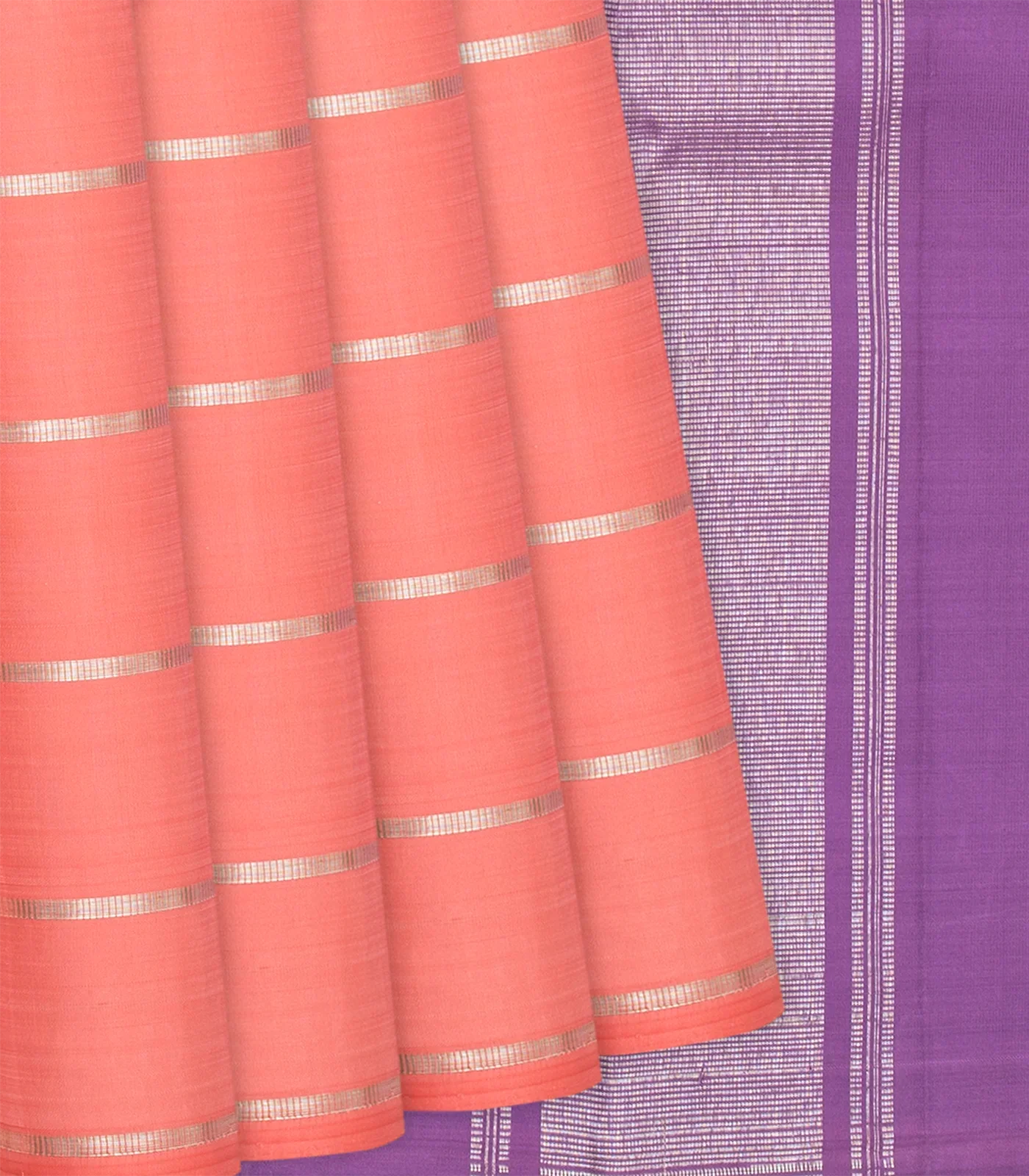 Peach Handloom Kanchipuram Silk Saree With Zari Stripes-Peach