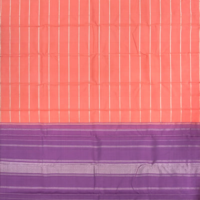 Peach Handloom Kanchipuram Silk Saree With Zari Stripes-Peach