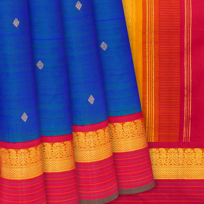 Blue Handloom Kanchipuram Silk Saree With Buttas-Blue