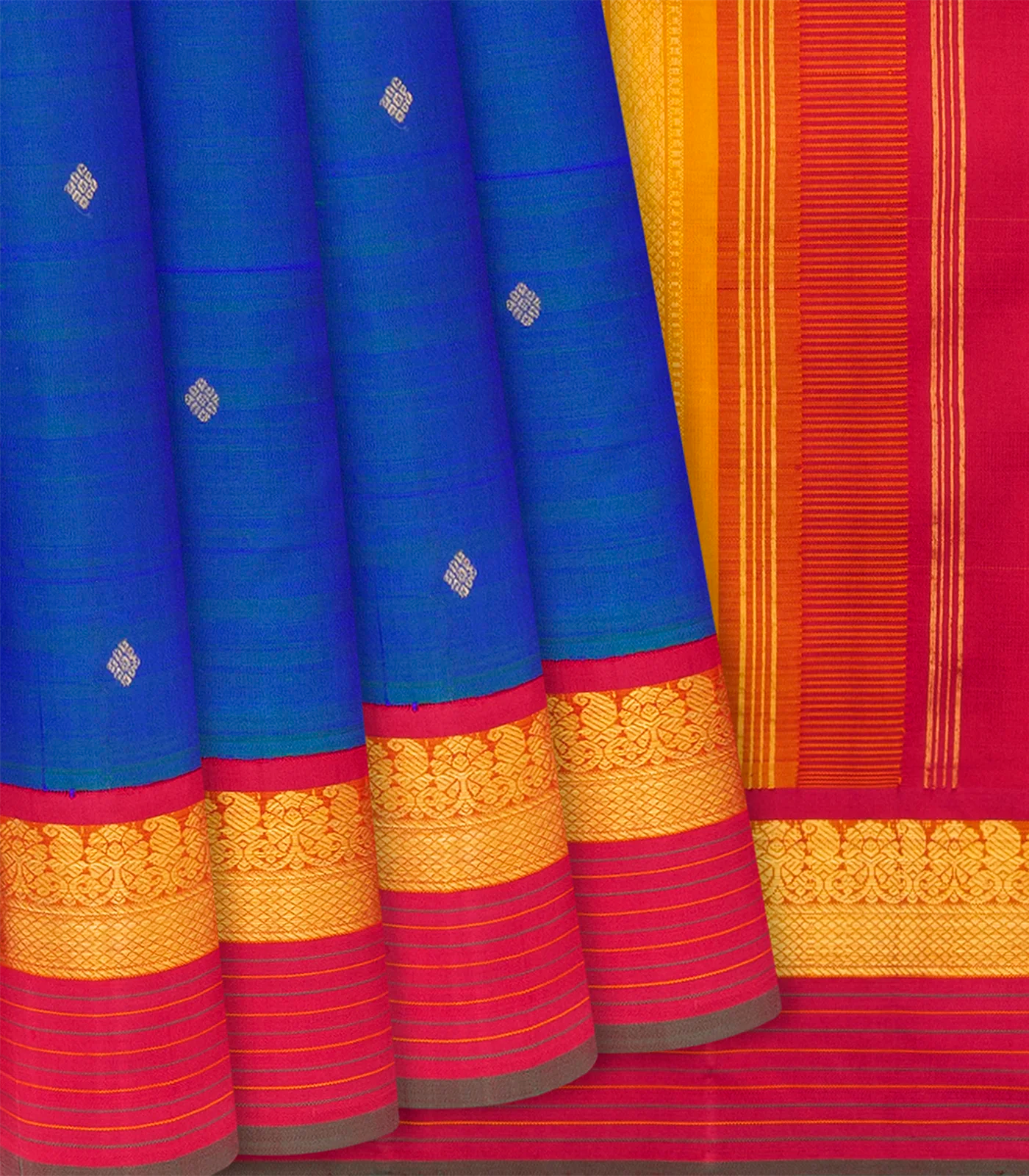 Blue Handloom Kanchipuram Silk Saree With Buttas-Blue