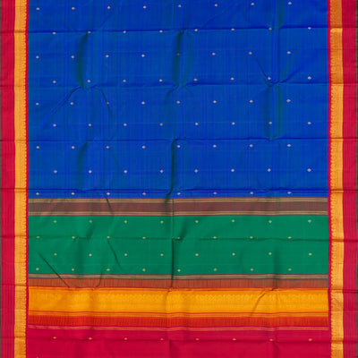 Blue Handloom Kanchipuram Silk Saree With Buttas-Blue