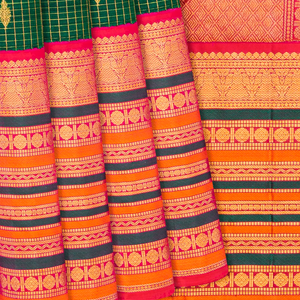 Green Handloom Kanchipuram Korvai Silk Saree With Checks & Buttas-Green