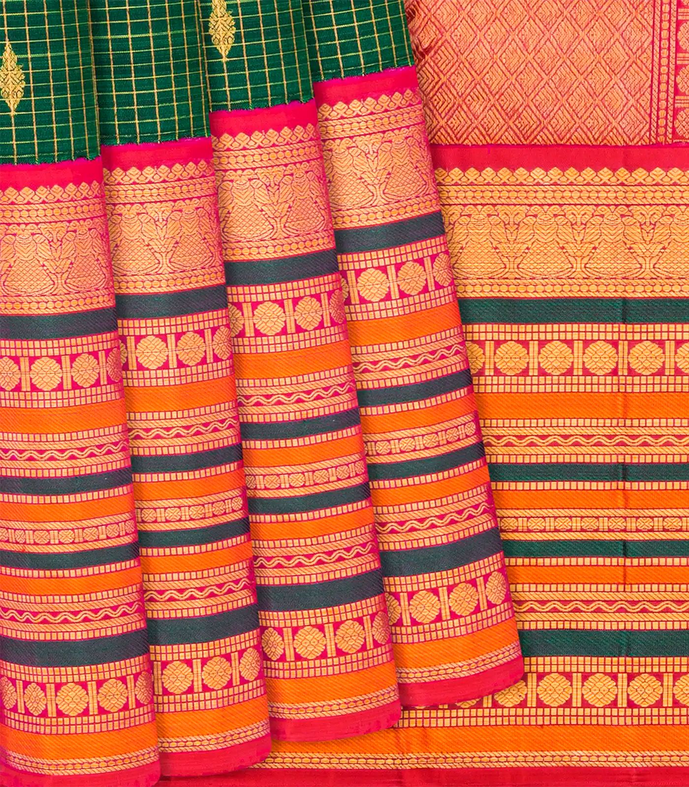 Green Handloom Kanchipuram Korvai Silk Saree With Checks & Buttas-Green