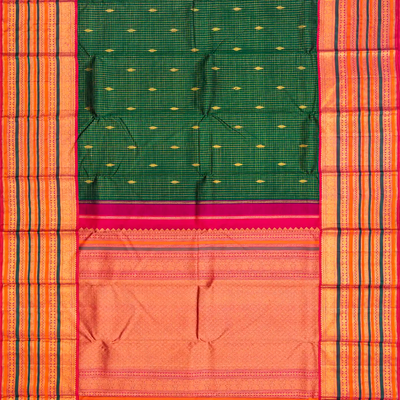 Green Handloom Kanchipuram Korvai Silk Saree With Checks & Buttas-Green