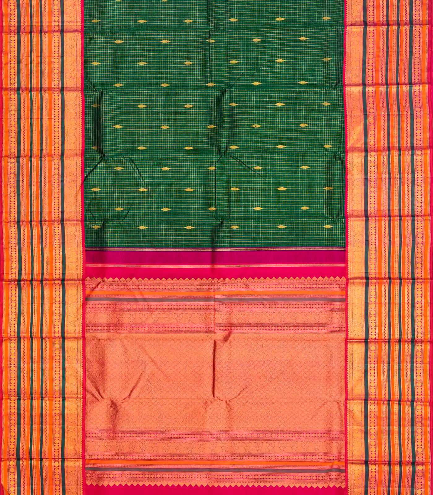 Green Handloom Kanchipuram Korvai Silk Saree With Checks & Buttas-Green