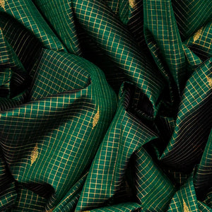 Green Handloom Kanchipuram Korvai Silk Saree With Checks & Buttas-Green