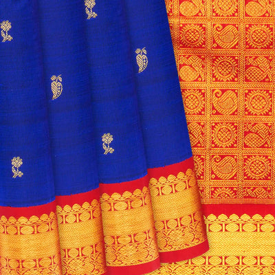 Blue Handloom Kanchipuram Korvai Silk Saree With Flower Buttas-Blue