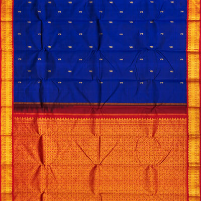 Blue Handloom Kanchipuram Korvai Silk Saree With Flower Buttas-Blue