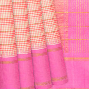 Light Peach Handloom Kanchipuram Korvai Silk Saree With Checks-Light Peach