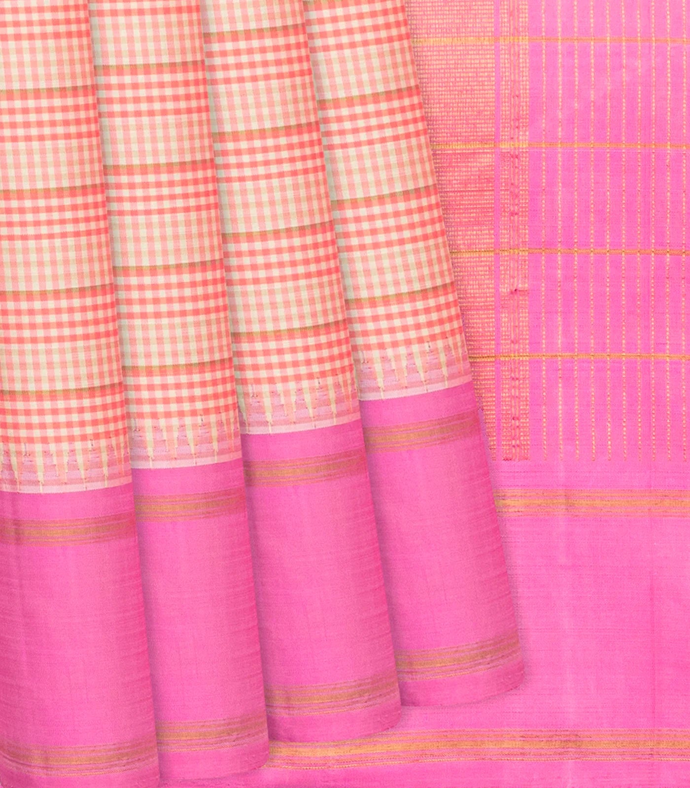 Light Peach Handloom Kanchipuram Korvai Silk Saree With Checks-Light Peach