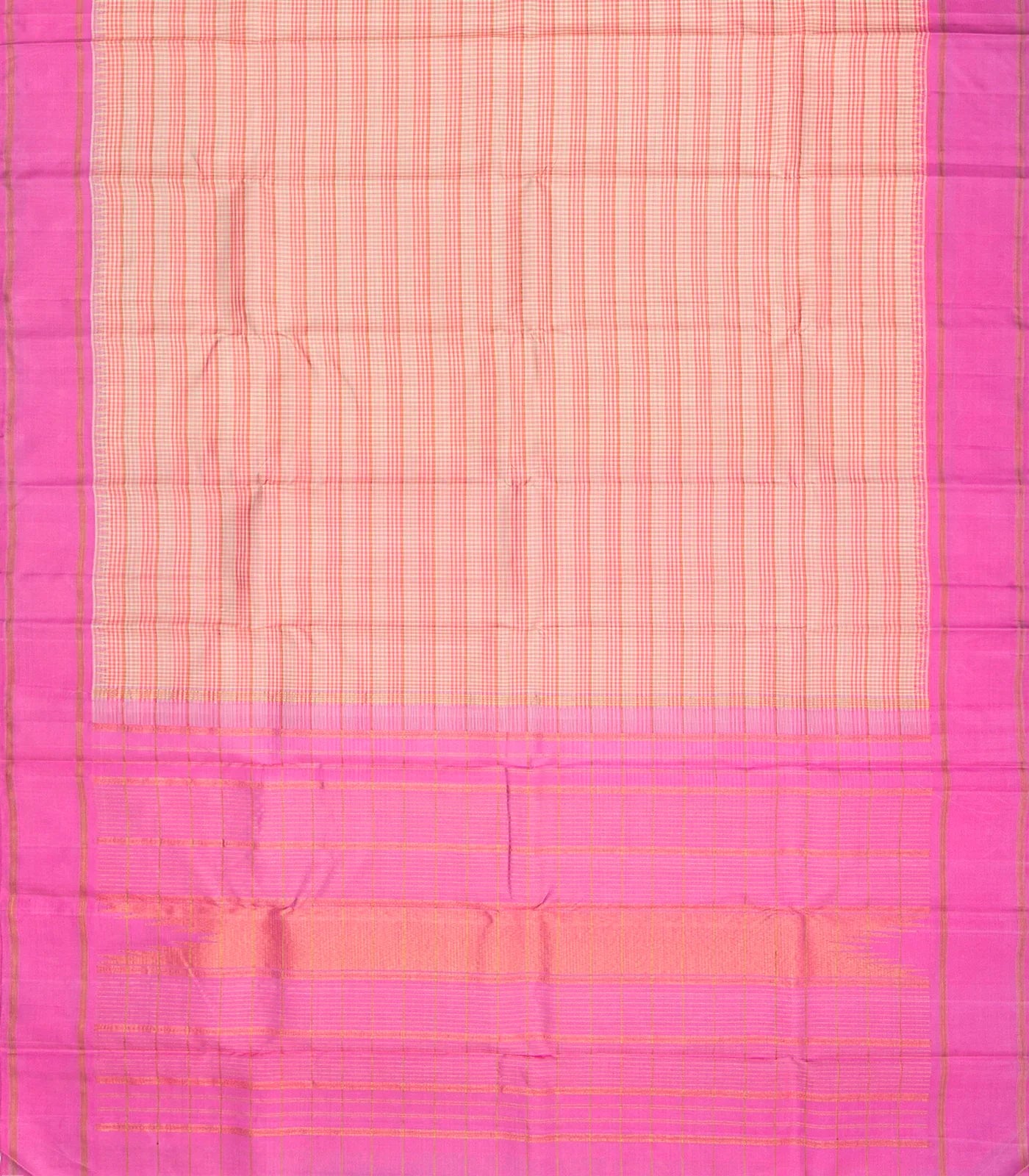 Light Peach Handloom Kanchipuram Korvai Silk Saree With Checks-Light Peach