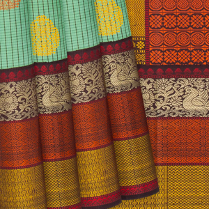 Pista Green Handloom Kanchipuram Korvai Silk Saree With Checks-Pista Green