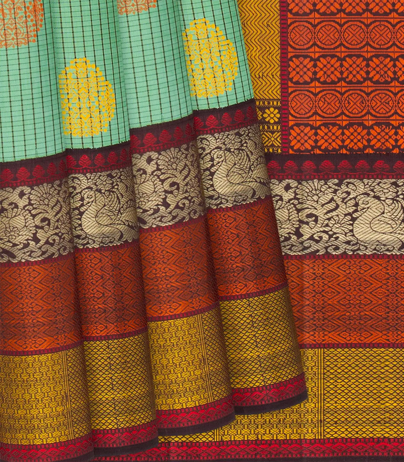 Pista Green Handloom Kanchipuram Korvai Silk Saree With Checks-Pista Green