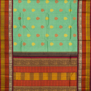 Pista Green Handloom Kanchipuram Korvai Silk Saree With Checks-Pista Green