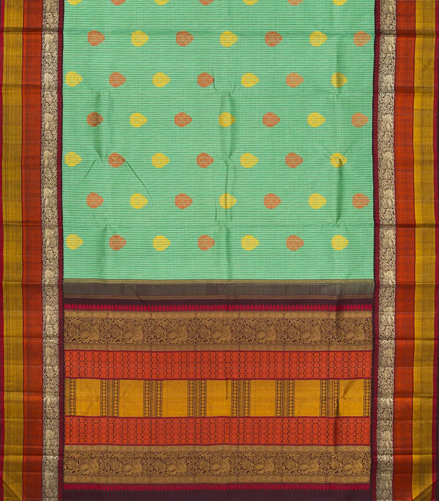 Pista Green Handloom Kanchipuram Korvai Silk Saree With Checks-Pista Green